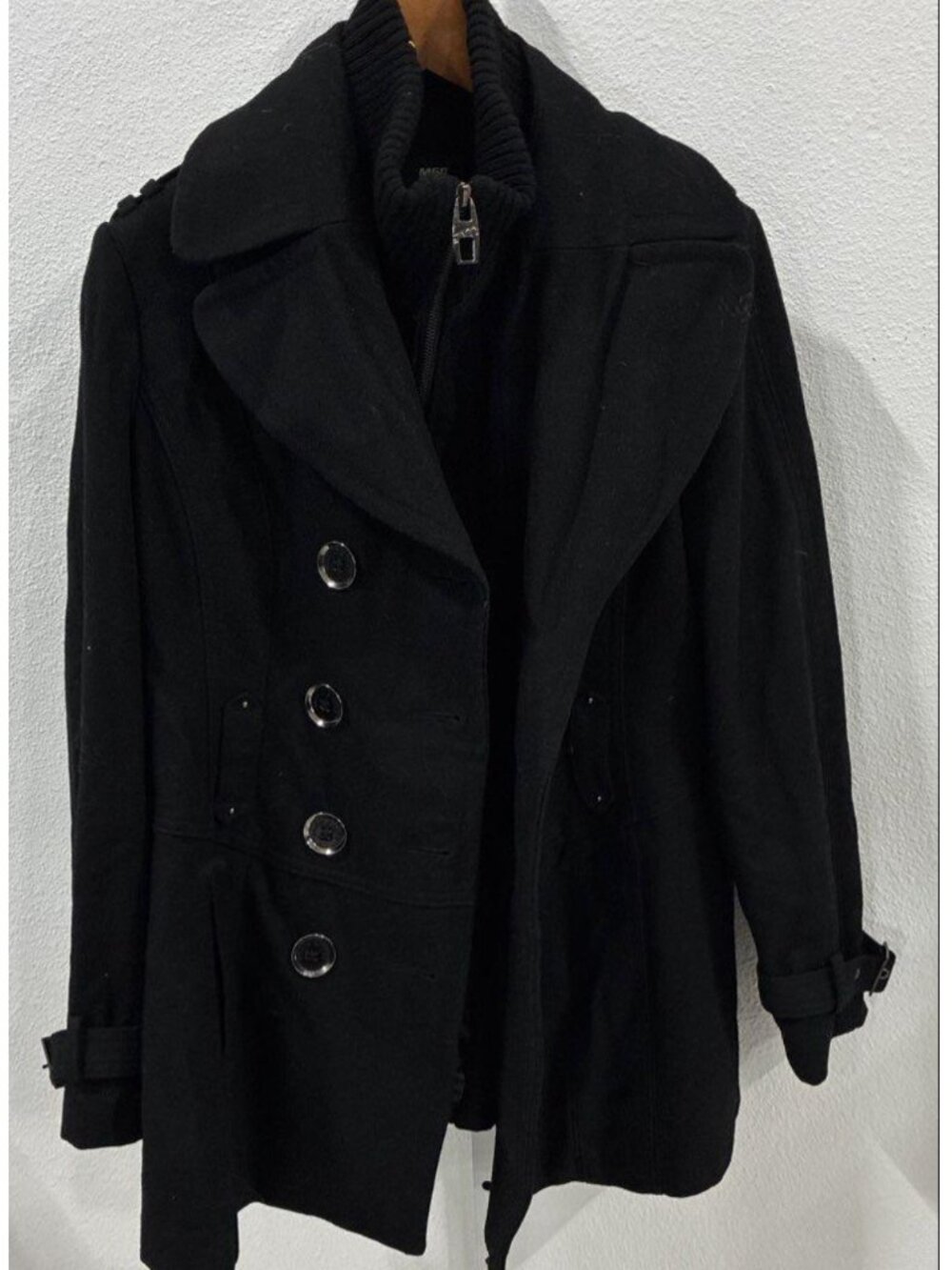 Miss Sixty M60 Black Wool Blend Double Breasted Peacoat Jacket Ribbed Collar L